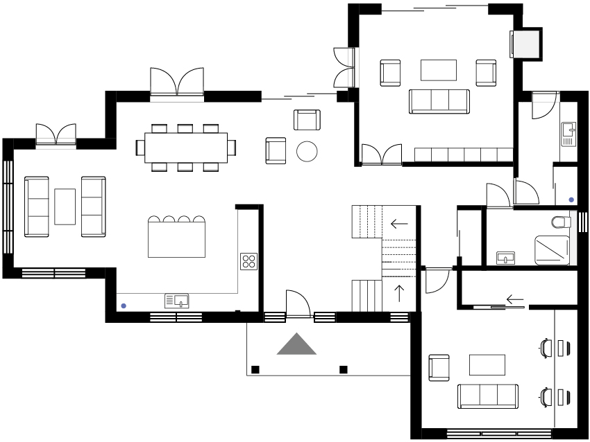 Option 2 - Open plan space that includes the entrance hall. Separate living and working space.