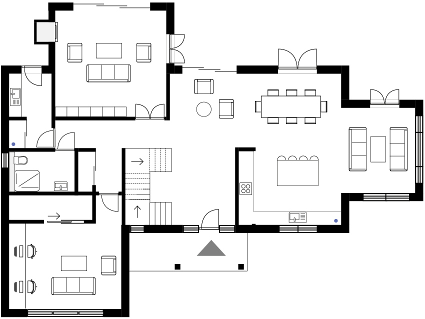 Option 2 - Open plan space that includes the entrance hall. Separate living and working space.